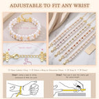 Double Layer Pearl Heart Bracelets for Women, Cubic Zirconia Charm Jewelry, Adjustable Gold Silver Stackable Bracelet Jewelry Set Birthday Gift for Mom Daughter Wife - color: Gold-Pink