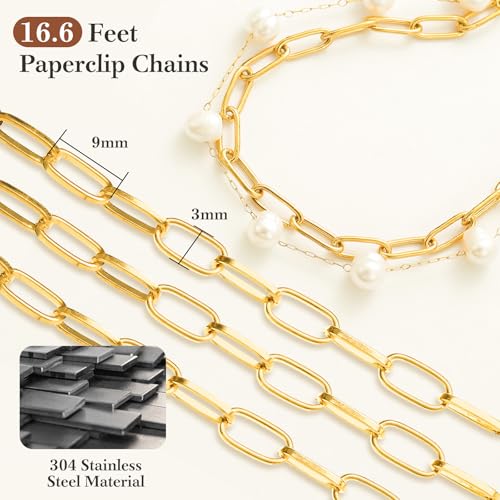 18K Gold Chain for Jewelry Making – Stainless Steel Paperclip Chain, 16.6 Feet DIY Bracelet Necklace Kit with 100 Jump Rings, 50 Clasps, 26 Letter Pendants & 30 Colorful Charms - color: 18K Gold Stainless Steel Paperclip Chain 16.6 Feet