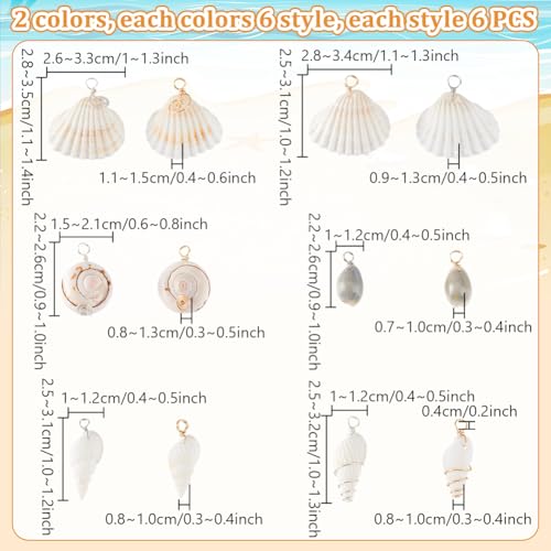 PH PandaHall 72pcs 12 Styles Natural Shell Pendants White Scallop Spiral Cowrie Shell Pendants Natural Seashells Charms Jewelry Charms for Jewelry Making Home Decor Wedding Summer Ocean Beach Party