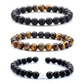 Hamoery Men Women 8mm Tiger Eye Stone Beads Bracelet Elastic Natural Stone Yoga Bracelet Bangle - color: B-3 Pcs Set 2-21003