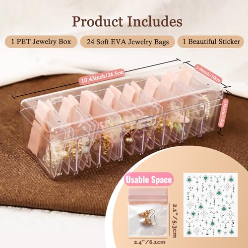 Jewelry Organizer and Storage Box with 24 EVA Anti Tarnish Bags, Travel Acrylic Case for Earrings, Necklaces & Rings, Elegant Gift for Women & Girls (S&Organizer(Clear)) - size: S&organizer(clear)