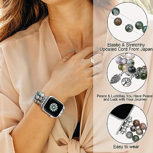 Newlibery Natural Stone Bracelet Beaded-Bands Women Compatible with Apple Watch 38mm 40mm 41mm 42mm (S10/11) Feminine Cute Handmade Stretch Strap for iWatch Series 11/10/9/8/7/6/5/4/3/2/1 SE 3/2/1 - color: A2 Rhyolite jasper, size: 38/40/41/42mm(S10/11)