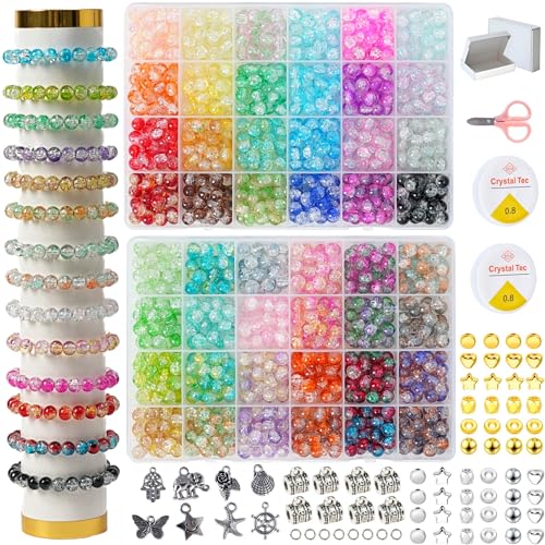 REVKI 1300PCS 8mm Mixed Crackle Glass Beads for Bracelets Making with Accessories, 48 Colors Crystal Glass Beads Jewelry Making Kit, Round Beads for DIY Bracelet Crafts - color: Style 1