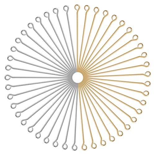 TOAOB 200pcs 40mm Eye Pins for Jewelry Making Gold Silver Brass Wire Open Head Pins Findings for DIY Crafts Necklaces Bracelets Earrings - size: 40mm
