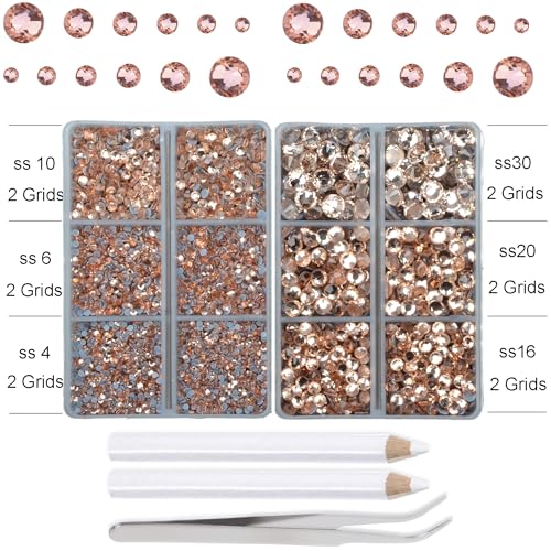 10000Pcs 2-Boxes Mixed Size Hot Fix Round Crystals Gems Glass Stones Hotfix Flat Back Rhinestones with Tweezers and Picking Pencil (Champagne) - color: Champagne, size: 2-Box (10000pcs)