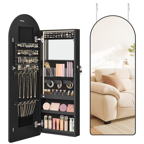 SONGMICS Wide Jewelry Organizer, LED Jewelry Cabinet Wall/Door Mounted, Arched Mirror with Storage, Lockable, Rounded Corner, Interior Mirror, 3.9 x 16.5 x 42.5 Inches, Ink Black UJJC020B01 - color: Ink Black, size: 3.9"D x 16.5"W x 42.5"H, style: Arched