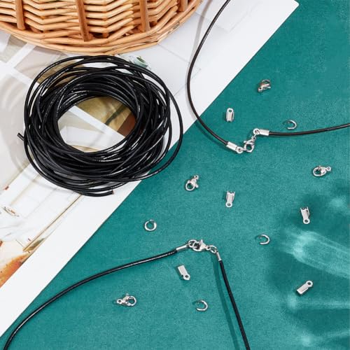 SUNNYCLUE 10M Leather Necklace Bracelet Making Kit Genuine Leather Cord 2mm 150Pcs Stainless Steel Jewelry Findings Black Brown Leather Jewelry Rope Leather Cords for Jewelry Making Kits Supplies