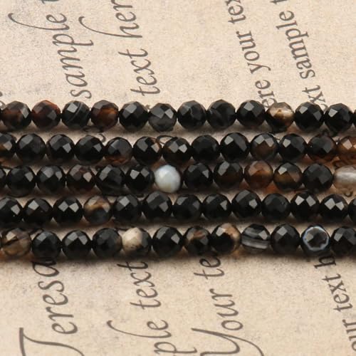 120pcs 3mm Natural Black Striped Agate Gemstone Beads Faceted Round Loose Stone Beads for Jewelry Making (1 Strand) - color: Black Striped Agate, size: 2.8-3.3mm