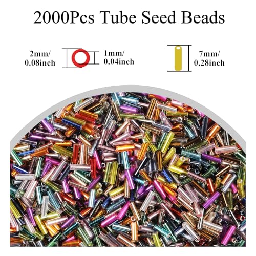 2000Pcs Tube Seed Beads 2x7mm Mini Long Glass Bugle Bead Small Craft Loose Spacer Beads for DIY Phone Charms Waist Bead Bracelets Earrings Necklaces (Mixed Color) - color: Mixed Color