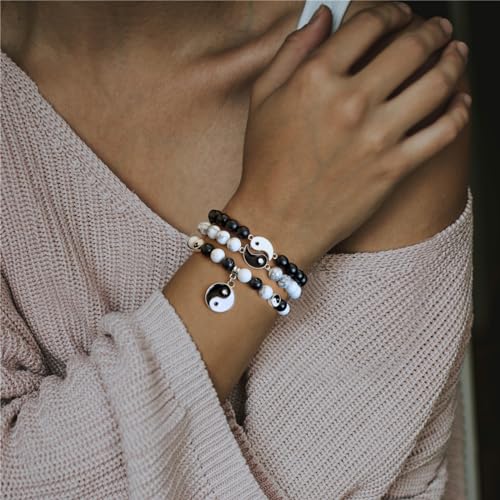 Vinswet Healing Crystal Beaded Bracelets for Women,Natural Amethyst Gemstones Bracelet,Anxiety Stress Relief Heart Charm Bracelet Handmade purple Jewelry Gifts for Women - color: white howlite&black agate