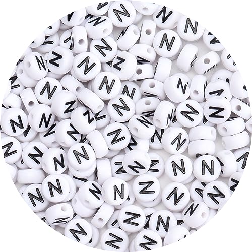 100Pcs Letter Beads 4x7mm White Round Acrylic Alphabet Beads Letter N Beads for Jewelry Making DIY Bracelets Necklaces Key Chains - color: N 100Pcs