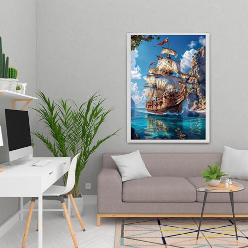 MOMDEDP 5D Diamond Painting Art Kit for Adults, Sailing Ship at Sea, Fantastic Landscapes DIY Full Drill Dots Gem Art Paint for Home Wall Decor 12 x 16 Inch
