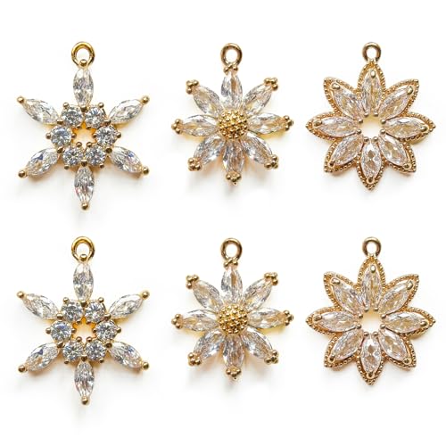 Crystal Zirconia Gold Plated Brass Charms for Jewelry Making Bracelet Necklace Earring Pendant Craft Supplies DIY Accessories - color: FlowerD-Mix-6Pcs
