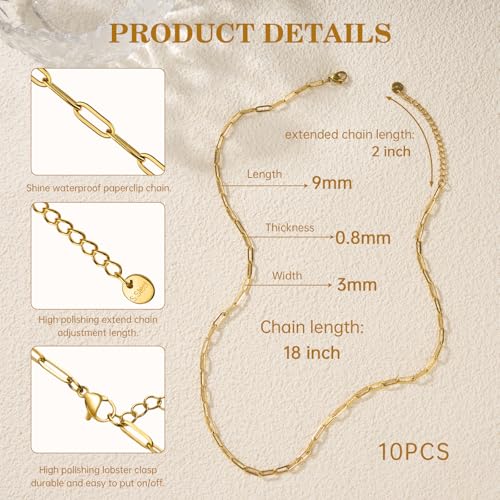 GTVOODX 10Pcs 18Inch 18K Gold Plated Charm Necklace Chain Bulk 3x9mm Paperclip Stainless Steel Chains for Jewelry Making Supplies - color: Gold, size: 18 Inch