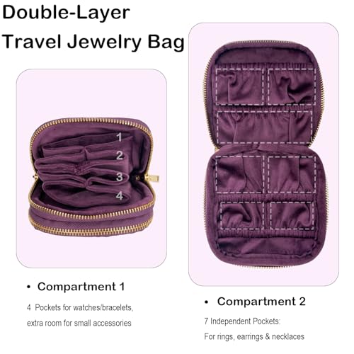 Double Layer Travel Jewelry Case, Small Soft Velvet Jewelry Organizer Pouch for Necklaces Earrings Rings Bracelets, Portable Travel Jewelry Storage Box for Women