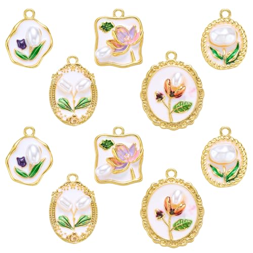 Flower Charms 18K Gold Plated Brass Enamel Charms Vintage Floral Pendants for Bracelet Earring Necklace - color: White Series