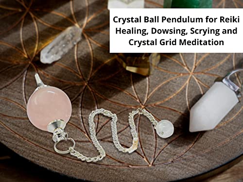Amazing Gemstone Rose Quartz Crystal Ball Pendulum Necklace - Dowsing Pendulum with Chain and Quartz Bead for Reiki Healing and Meditation - color: Rose Quartz