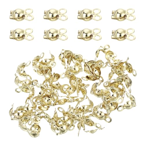 uxcell 50 Pcs 4mm Crimp End Caps, Clamshell Cord End Cap Connector Clasp Bead Tips Knot Covers Calotte End Crimp for DIY Jewelry Making, 14K Gold - color: 14K Gold
