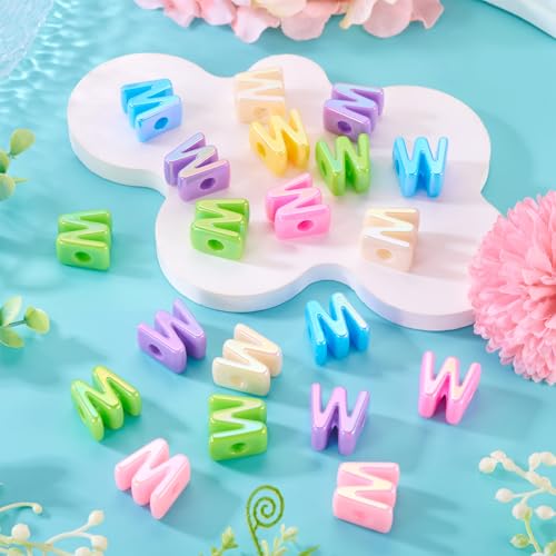 Beadthoven 20pcs Big Letter W Beads Large Hole Bubble Alphabet Acrylic Beads Charm Iridescent Plastic W Shape Loose Chunky Spacers for Jewelry Making Bracelet Necklace Keychains Shoelaces Crafts - color: W