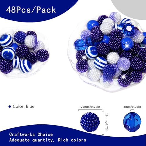 48 Pcs 20mm Beads for Pens Bubblegum Bead Blue Crystal Acrylic Round Chunky Beads Sparkly Large Balls Bead for Pen Beadable Keychain Bracelet Necklace DIY Jewelry Making Supplies - color: Blue Color
