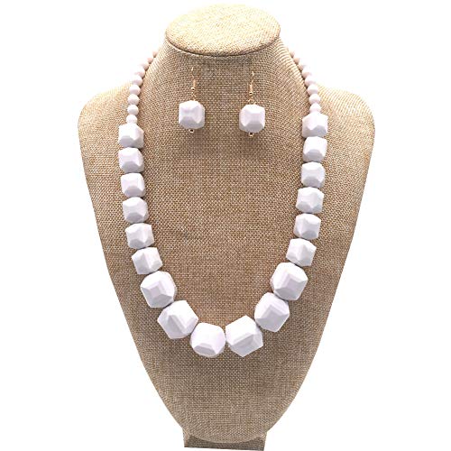 Halawly White Beads Necklace, Acrylic Costume Jewelry for Women Chunky Statement Strand Necklaces with Bracelet Dangle Earrings, Big African Beaded Necklace - color: White Long