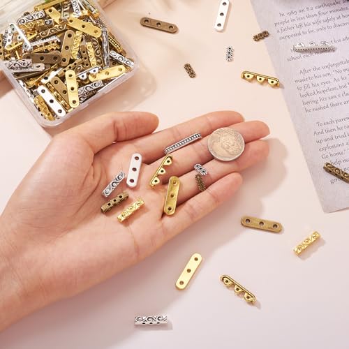 Pandahall 150Pcs 3-Holes Rectangle Spacer Bar Metal Beads 4 Styles Tibetan Multi Strand Separator Link End Bar Mixed Colors for Jewelry Making
