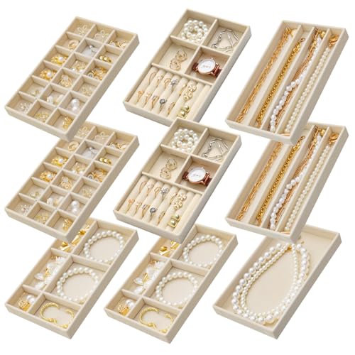Stackable Jewelry Organizer Trays Set of 9, Small Velvet Jewelry Organizers Earring Necklace Ring Bracelet Display Case Storage for Drawer Dresser (Beige) - color: Beige