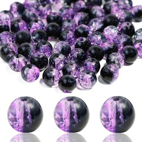 100Pcs 10mm Crackle Glass Beads for Jewelry Making - Round Spacer Crystal Beads Bulk, DIY Craft Supplies for Necklace Bracelet Earrings (Purple Black) - color: Purple Black