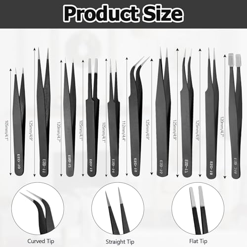 Bonsicoky 10 PCS Precision ESD Tweezers Set - Anti-Static Stainless Steel Tools Kit for Electronics, Jewelry Repair, Soldering, and Crafting Projects - color: 10 Pcs