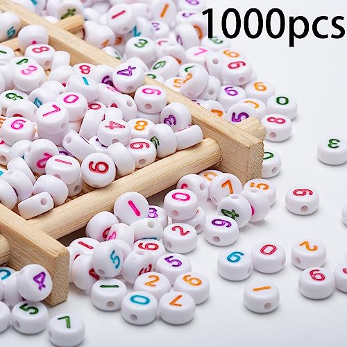 1000pcs Acrylic Number Beads 0-9 Round Number Beads 4x7mm Mixed Number Beads for Jewelry Making and DIY Bracelets, Necklaces, Key Chains (White/Colorful) - color: Gold-White