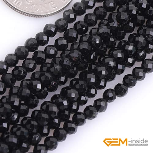 GEM-Inside 3mm Natural Stone Black Tourmaline Faceted Spacer Small Beads for Jewelry Making 15" - color: Black Tourmaline, size: 3mm