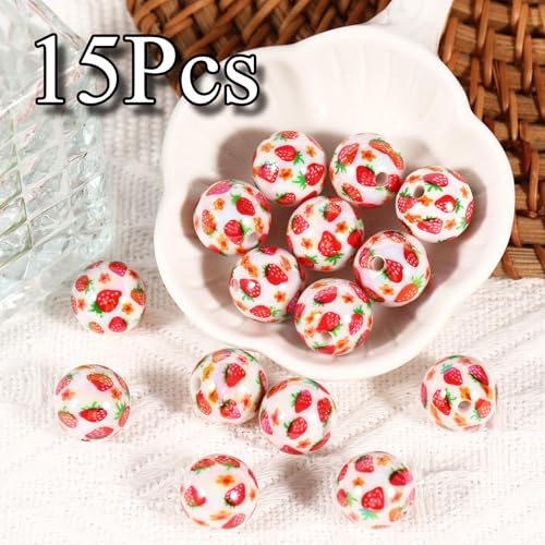 15Pcs Acrylic Beads Round 16mm Strawberry Print Fit for DIY Jewelry Bracelet Necklace Keychain Beadable Pens Mobile Phone Chain Making Cute (Strawberry) - color: Strawberry-White