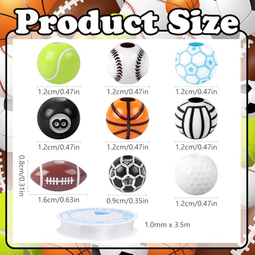 100 Pcs Sports Ball Beads Bulk with 5.5 Yard Elastic Rope,Acrylic Softball American Football Basketball Volleyball Baseball Tennis Beads for DIY Bracelet Necklace Keychain Jewelry Making Accessories - color: Mixed