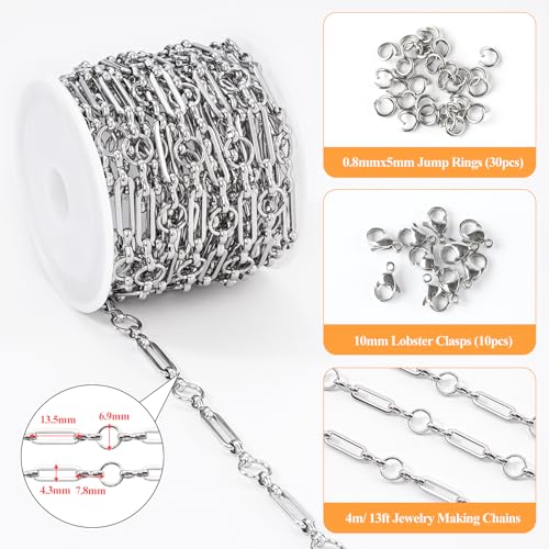YOUBEIYEE 13 Feet Stainless Steel Chains Bulk on Spool Circle Paperclip Link Chain for Jewelry Making - color: Circle Paperclip Silver