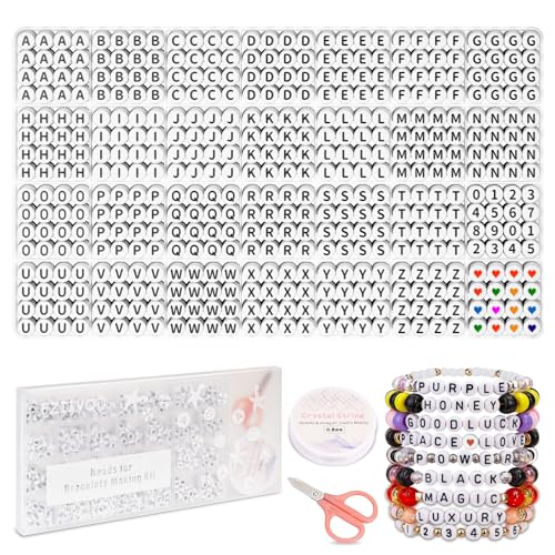 FZIIVQU 1400 Pcs Letter Beads Kit, 28 Styles White Acrylic Alphabet Beads Letter Beads for Jewelry Making wiht Number Beads Heart Beads Friendship Bracelet Kit - color: Black Letter & White Base, size: 4*7mm