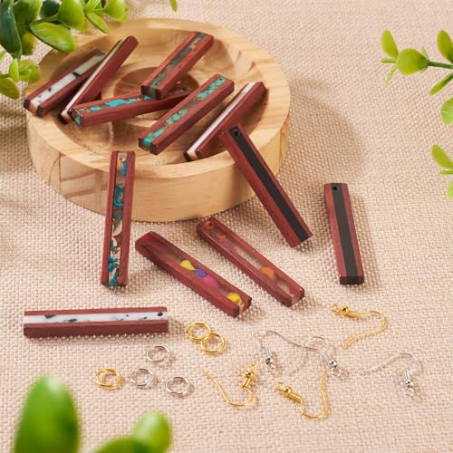 FASHEWELRY 12Pcs Wood Resin Earrings Charms Rectangle Wooden Earring Blanks Earring Findings for Earrings Jewelry Making with Earring Hooks & Jump Rings - color: Rectangle-Mixed Color