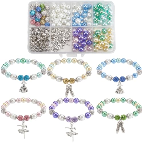 SUNNYCLUE 1 Box 236pcs DIY 6 Sets Ball Bracelet Making Kit Dance Charms Bulk Dancer Shoes Dress Theme Polymer Clay Rhinestone Disco Ballet Imitation Pearl Beads for Jewelry Making Starters Supplies - style: Dance 2
