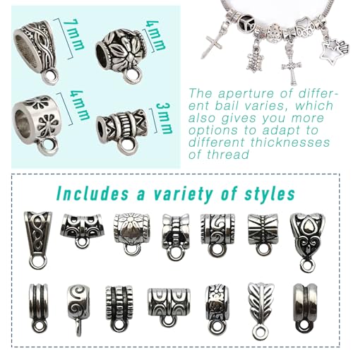 stino 140 Pcs Metal Spacer Bail Beads, Silver Tone Charm Hanger Clasps with Loops for Bracelet, Jewelry Making Findings(Silver) - color: Silver