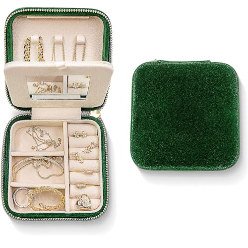 Travel Jewelry Organizer Boxwith Mirror | Velvet Travel Jewelry Case Small Jewelry Boxes for Women | Jewelry Travel Organizer, Jewelry Travel Case for Women | Earring Organizer (Green) - color: Green