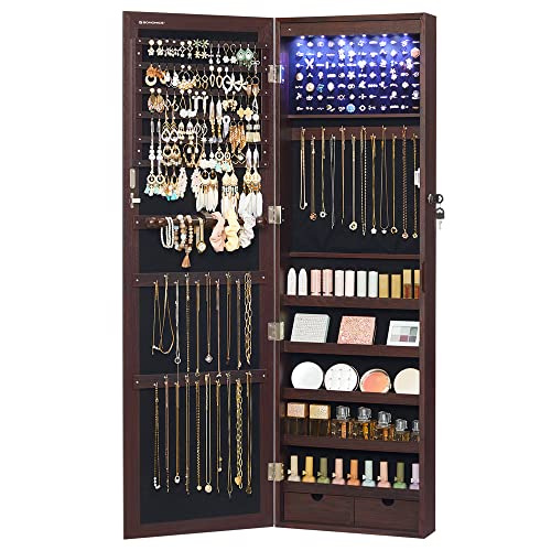SONGMICS 6 LEDs Mirror Jewelry Cabinet, 47.2-Inch Tall Lockable Wall or Door Mounted Jewelry Armoire Organizer with Mirror, 2 Drawers, 3.9 x 14.6 x 47.2 Inches, Brown UJJC93K - color: Brown