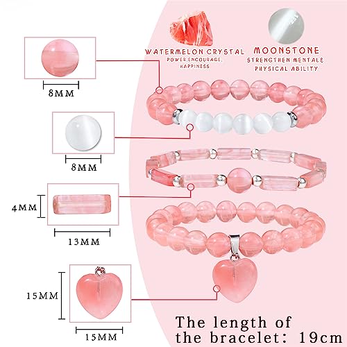 Vinswet Healing Crystal Beaded Bracelets for Women,Natural Amethyst Gemstones Bracelet,Anxiety Stress Relief Heart Charm Bracelet Handmade purple Jewelry Gifts for Women - color: Watermelon crystal&Moonstone