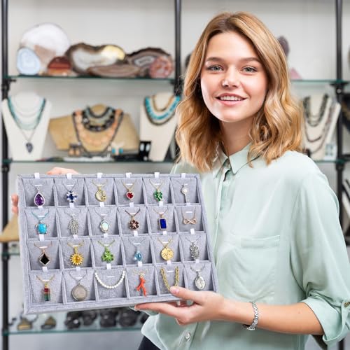 2 Pcs 24 Grid Stackable Jewelry Organizer Tray with Removable Dividers Ice Velvet Jewelry Display Showcase Tray for Necklace Earring Ring Bracelet Holder(Grey Velvet) - color: Grey Velvet