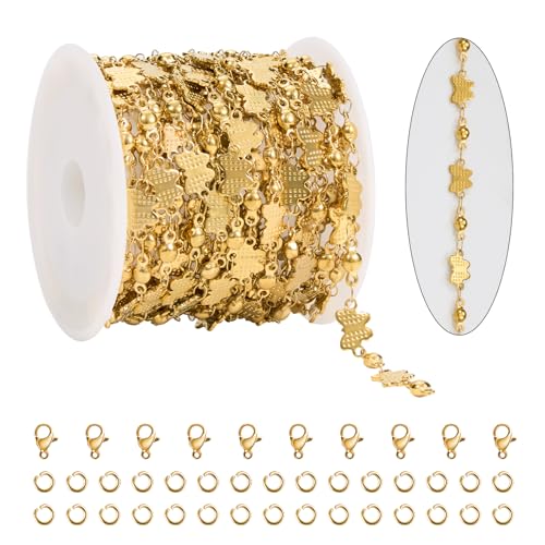 KYUNHOO 13FT/4M Gold Plated Jewelry Chains for Crafts Making Textured Butterfly Chain Link Satellite Bead Stainless Steel Necklace Bulk Jewelry - color: Butterfly Gold