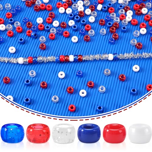 UPINS 1200Pcs Red White Blue Pony Beads, 1200Pcs Independent Day Patriotic Beads 4th of July Pony Beads for Jewelry Making Crafts DIY Necklace Bracelets Hair Beads - color: Red White Blue