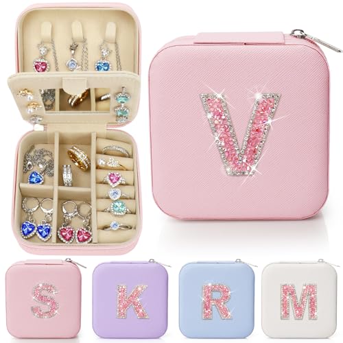 Sparkling Initial Jewelry Box Organizer,Personalized Travel Jewelry Box for Girls & Women,Glitter Rhinestone Jewelry Case Gifts for Easter, Birthday & Christmas,Small Size (Pink, V) - color: Pink, size: V