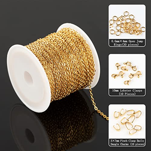 UMAOKANG 33 Feet Gold Plated Chains for Jewelry Making Flat Cable Chain Link Spool DIY Craft Earring Bracelet Necklace Chain Bulk with Lobster Clasps Jump Rings Pinch Clip Clasp - color: Gold Cross