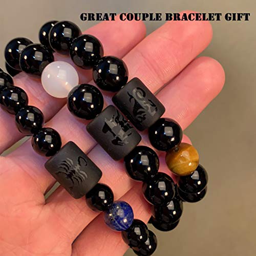 VLINRAS Zodiac Bracelet for Men Women, 8mm 10mm Natural Black Onyx Stone Star Sign Constellation Horoscope Bracelet Gifts