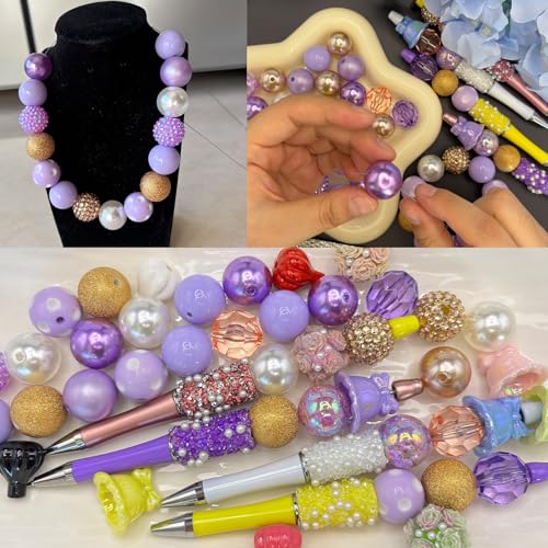 50PCS Bubblegum Beads 20mm，Large Beads for Jewelry Making，Round Circle Chunky Bead for Craft Pen Keychain Bracelets, beadable for Dog cat Collar Necklace (Mixed Gold/Purple/White) - color: Mixed gold/purple/white