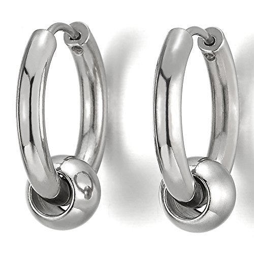 Stainless Steel Circle Beads Huggie Hinged Hoop Earrings for Men Women, 2pc - color: Silver, size: Diameter:16MM