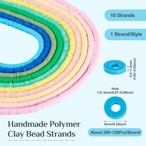 10 Strands Handmade Polymer Clay Bead Strands Assorted Heishi Beads Charms Flat Round Disc Bead Loose Spacer Bead for Jewelry Making DIY Bracelet Necklace Craft Keychain Earring Pendant